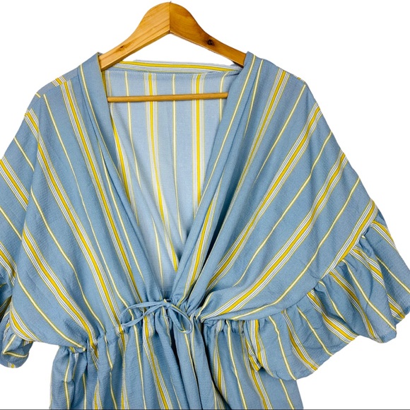 Boho V Neck Striped Flutter Short Sleeve Surplice Wrap Flowy Top Blue Yellow - Picture 2 of 7